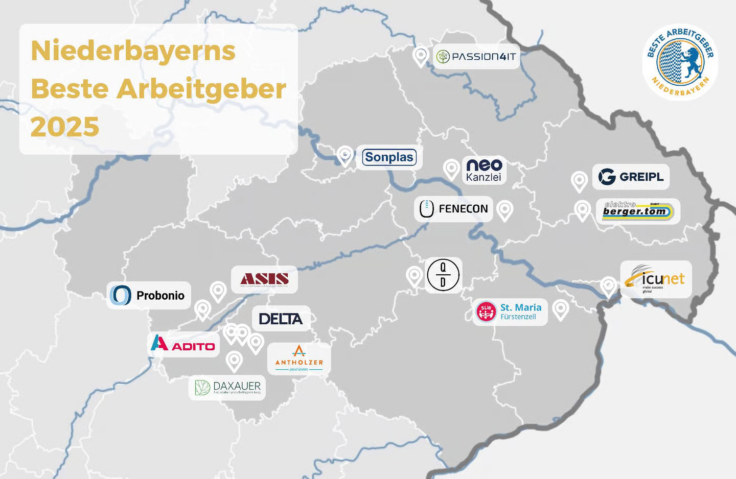 Karte der Gewinner des Awards Beste Arbeitgeber Niederbayern 2025